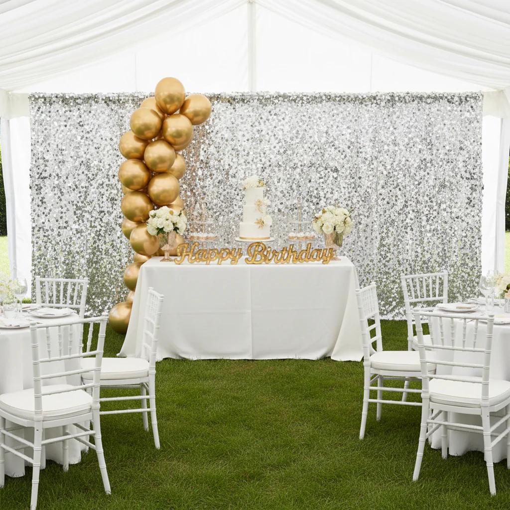 Square Payette Sequin 12ft H x 52" W Drape/Backdrop panel - Silver - Image 4