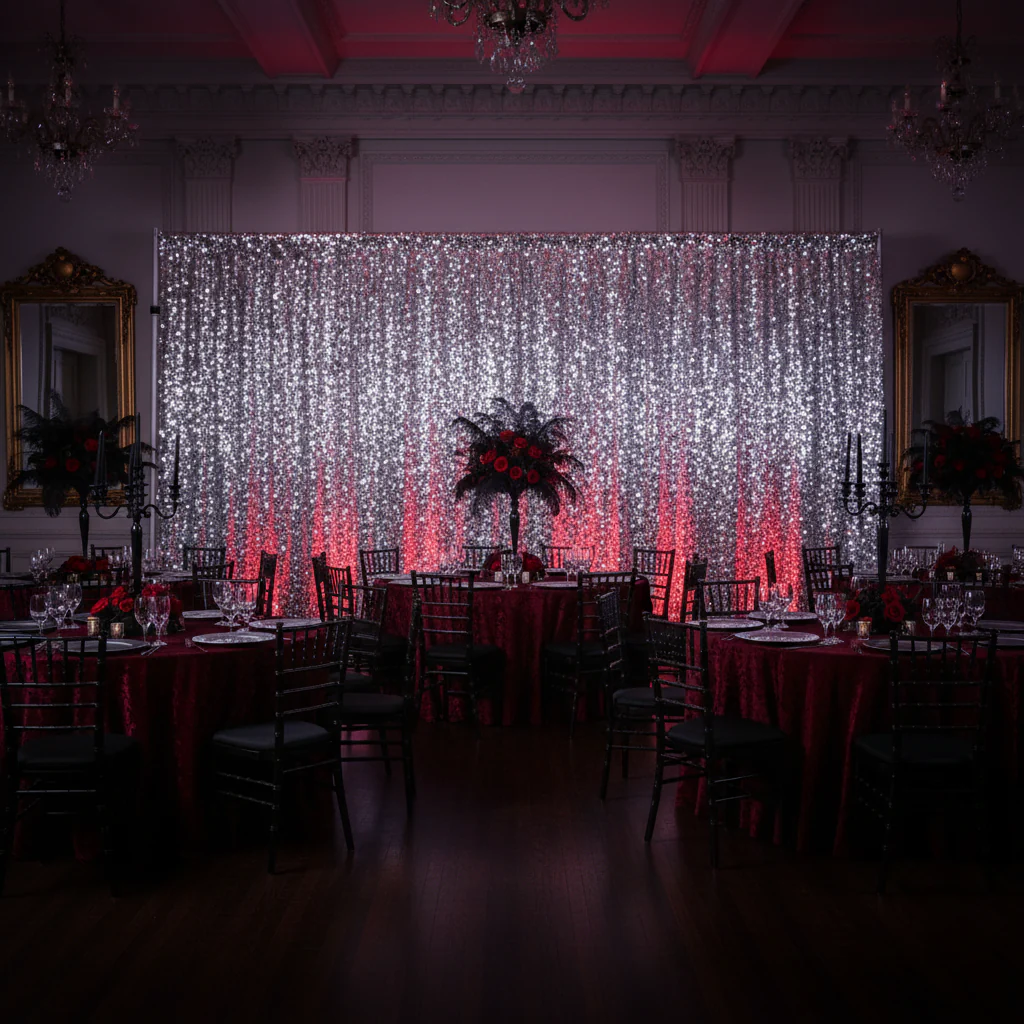 Square Payette Sequin 12ft H x 52" W Drape/Backdrop panel - Silver - Image 6