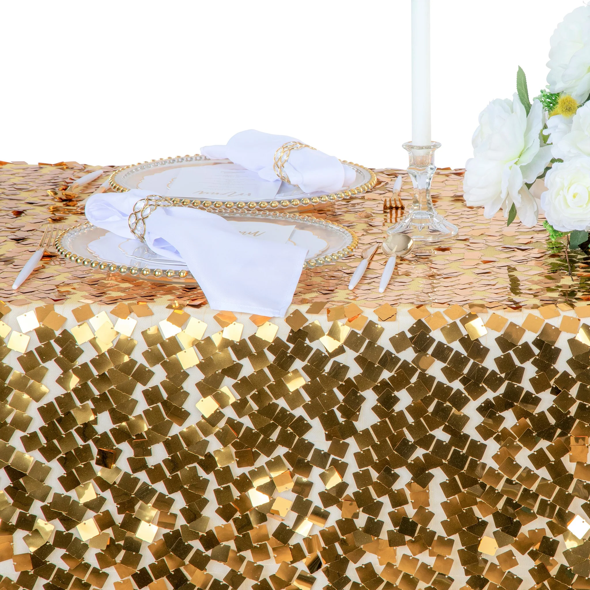 Square Payette Sequin Tablecloth 90"x156" Rectangular - Gold - Image 2