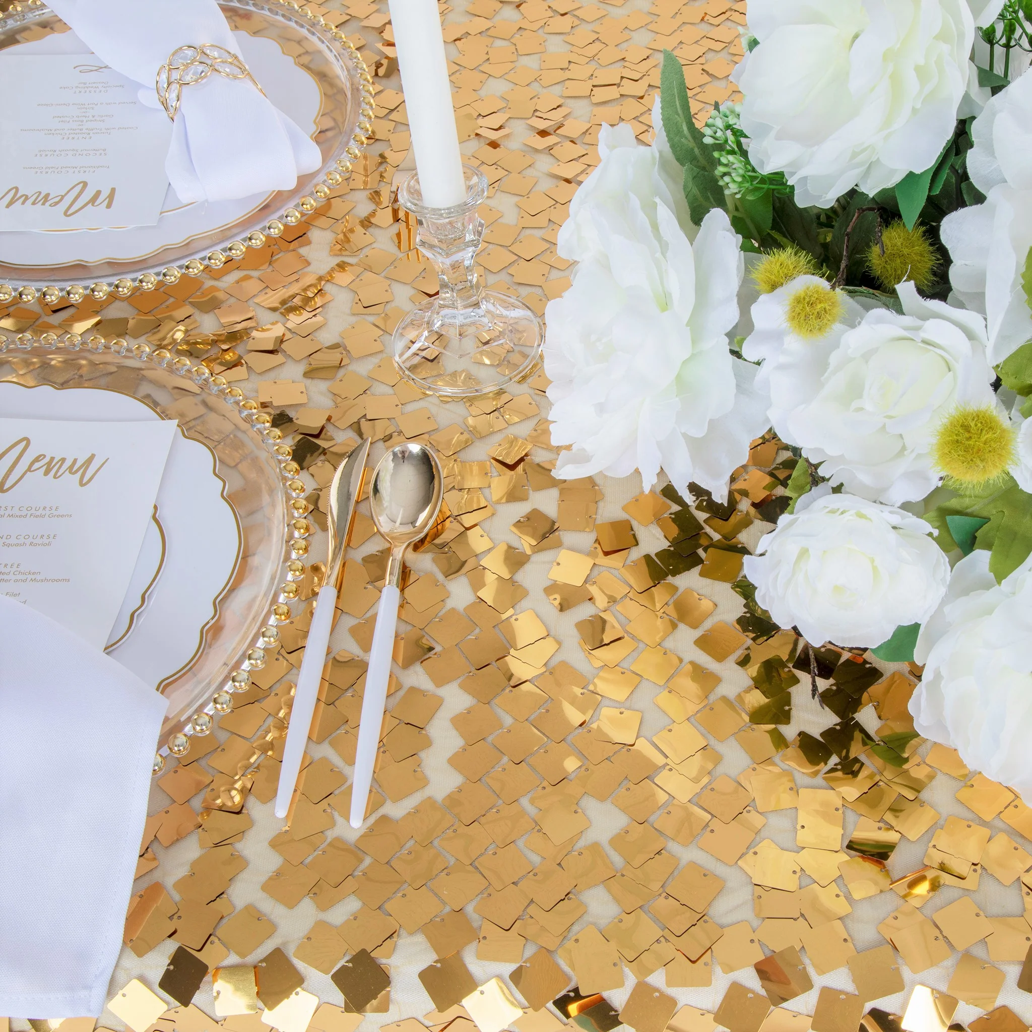 Square Payette Sequin Tablecloth 90"x156" Rectangular - Gold - Image 3