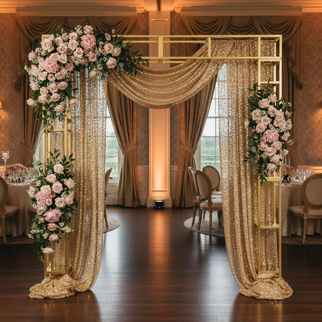 Square Pillar Wedding Arch Backdrop Stand with Shelves - Gold