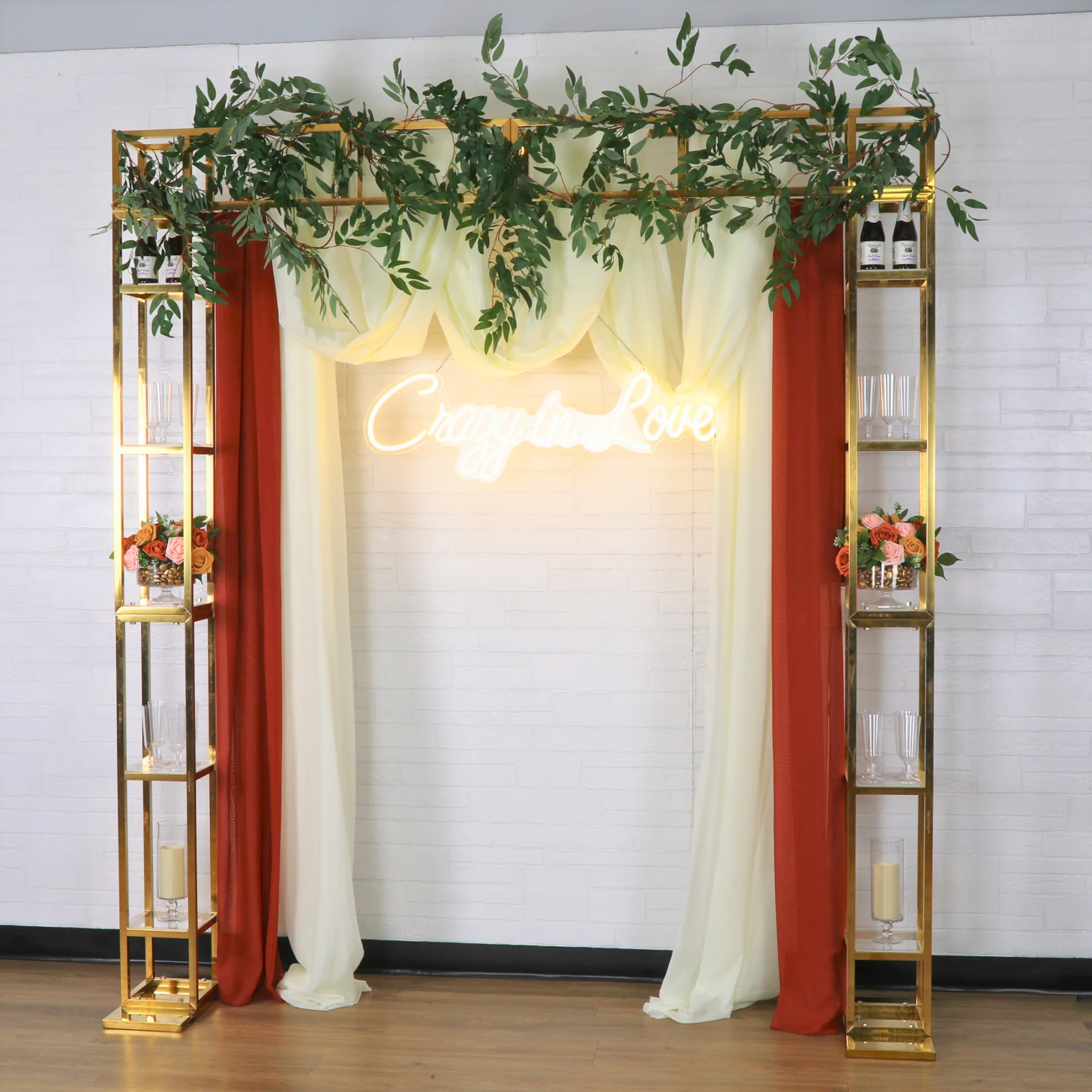 Square Pillar Wedding Arch Backdrop Stand with Shelves - Gold - Image 3