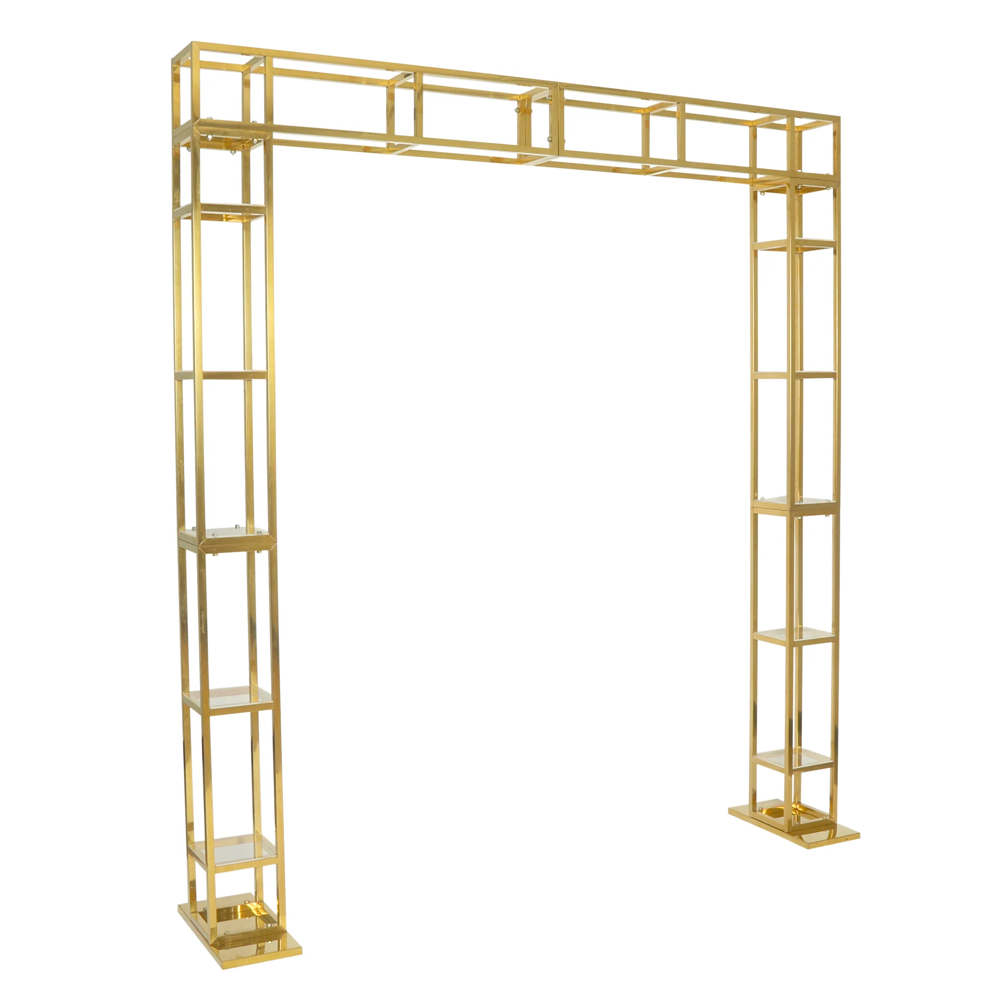 Square Pillar Wedding Arch Backdrop Stand with Shelves - Gold - Image 8