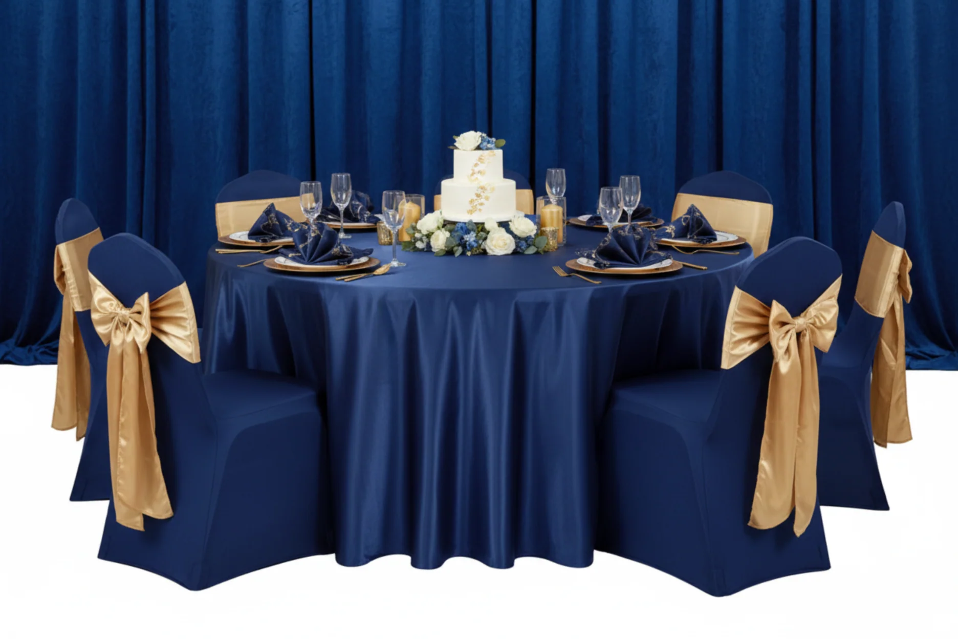 Satin 120" Round Tablecloth - Navy Blue - Image 5