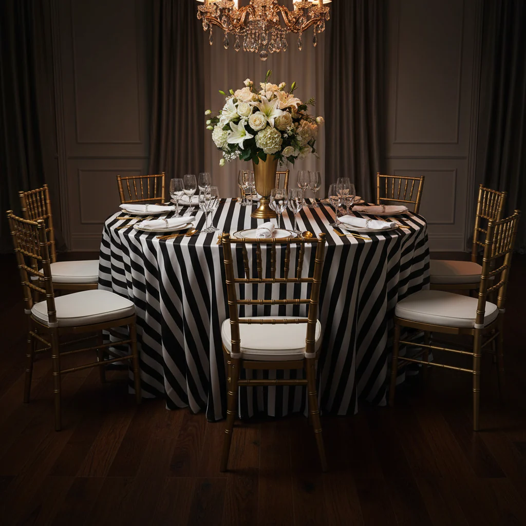 Stripe 120" Satin Round Tablecloth - Black & White - Image 2