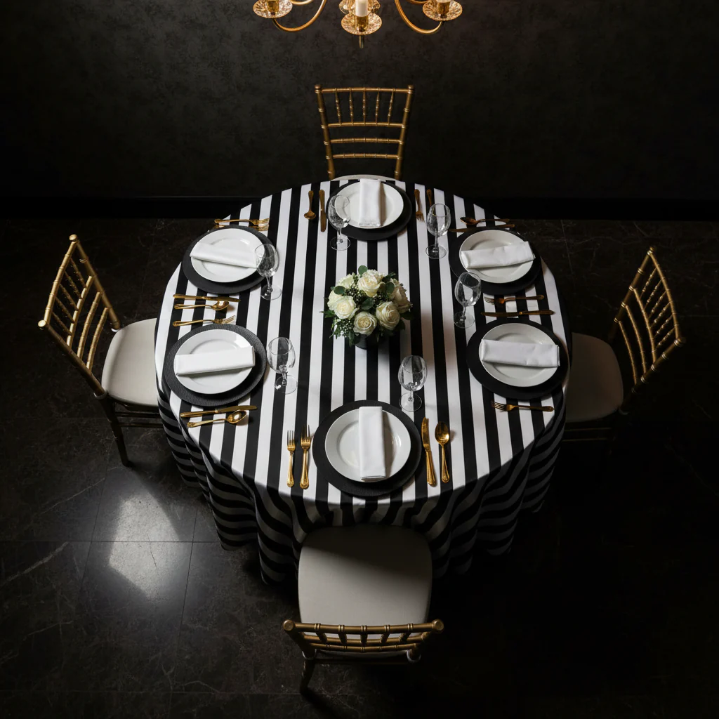 Stripe 120" Satin Round Tablecloth - Black & White - Image 3