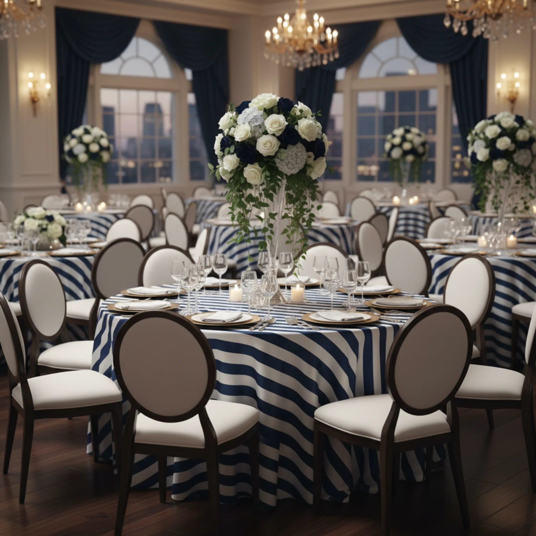 Stripe 120" Satin Round Tablecloth - Navy Blue & White - Image 2