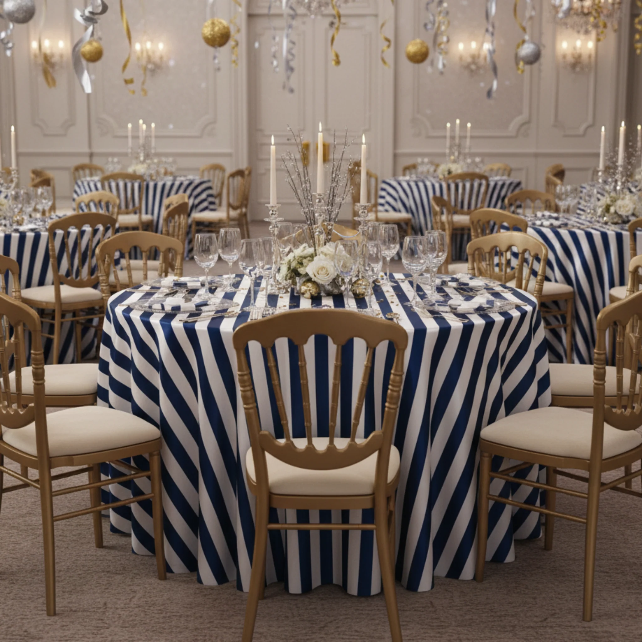 Stripe 120" Satin Round Tablecloth - Navy Blue & White - Image 4
