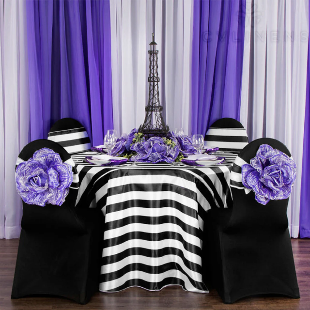 Stripe 132" Satin Round Tablecloth - Black & White - Image 2