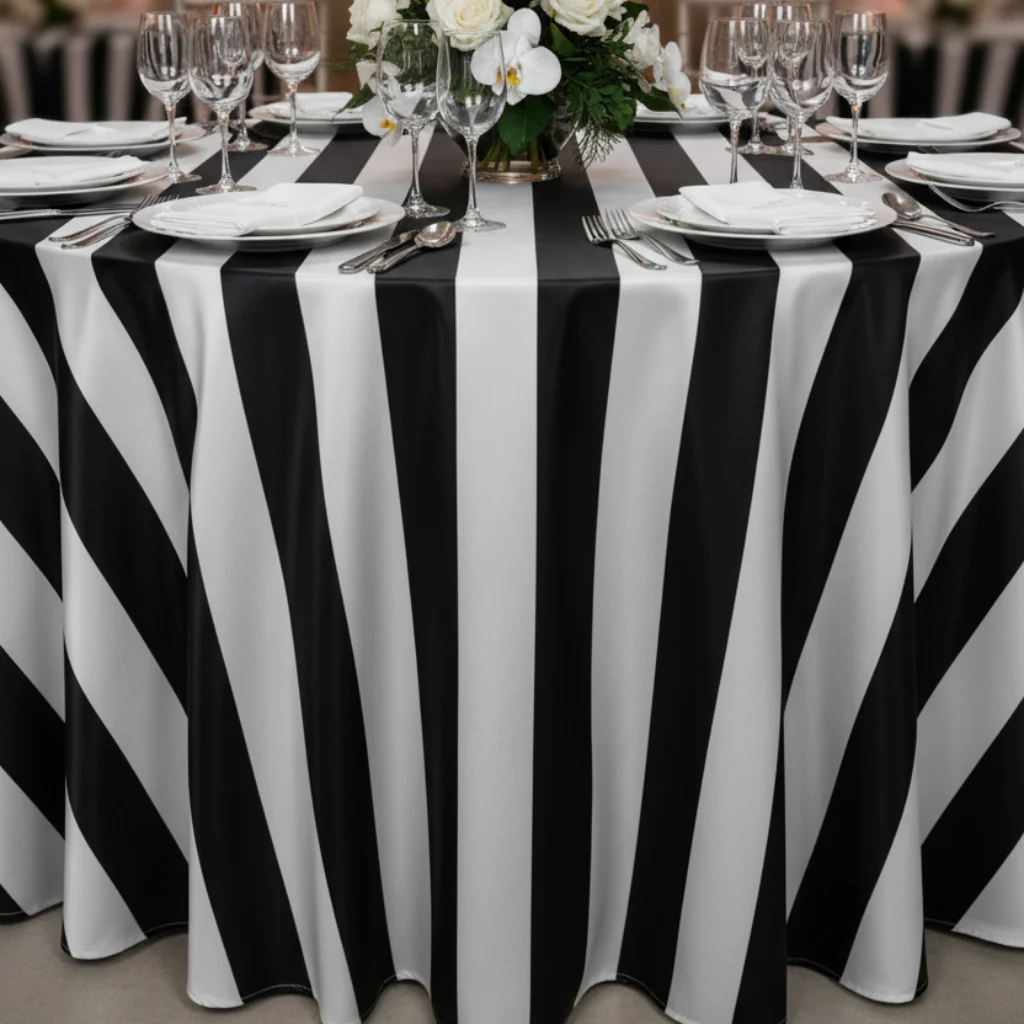 Stripe 132" Satin Round Tablecloth - Black & White - Image 4