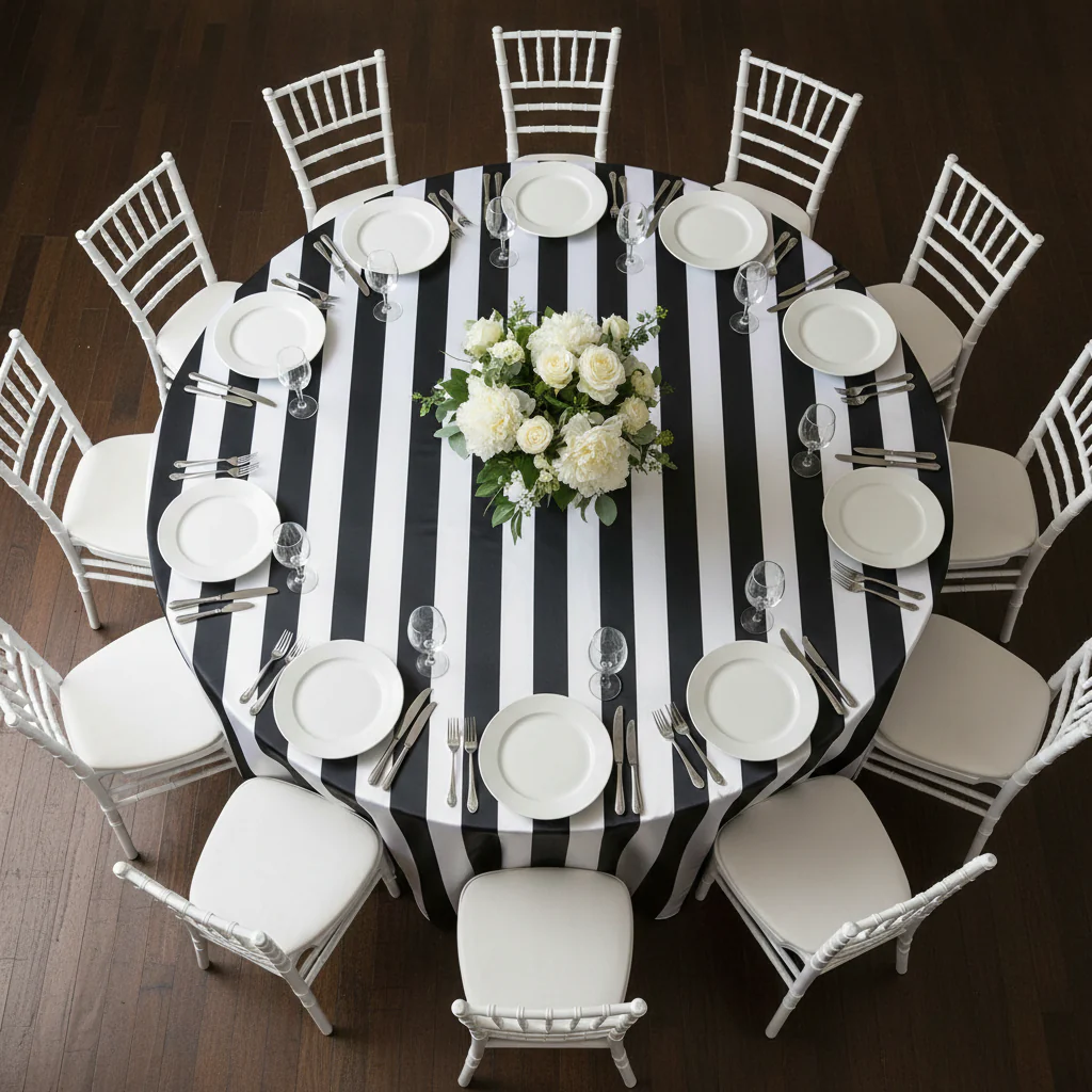 Stripe 132" Satin Round Tablecloth - Black & White - Image 5