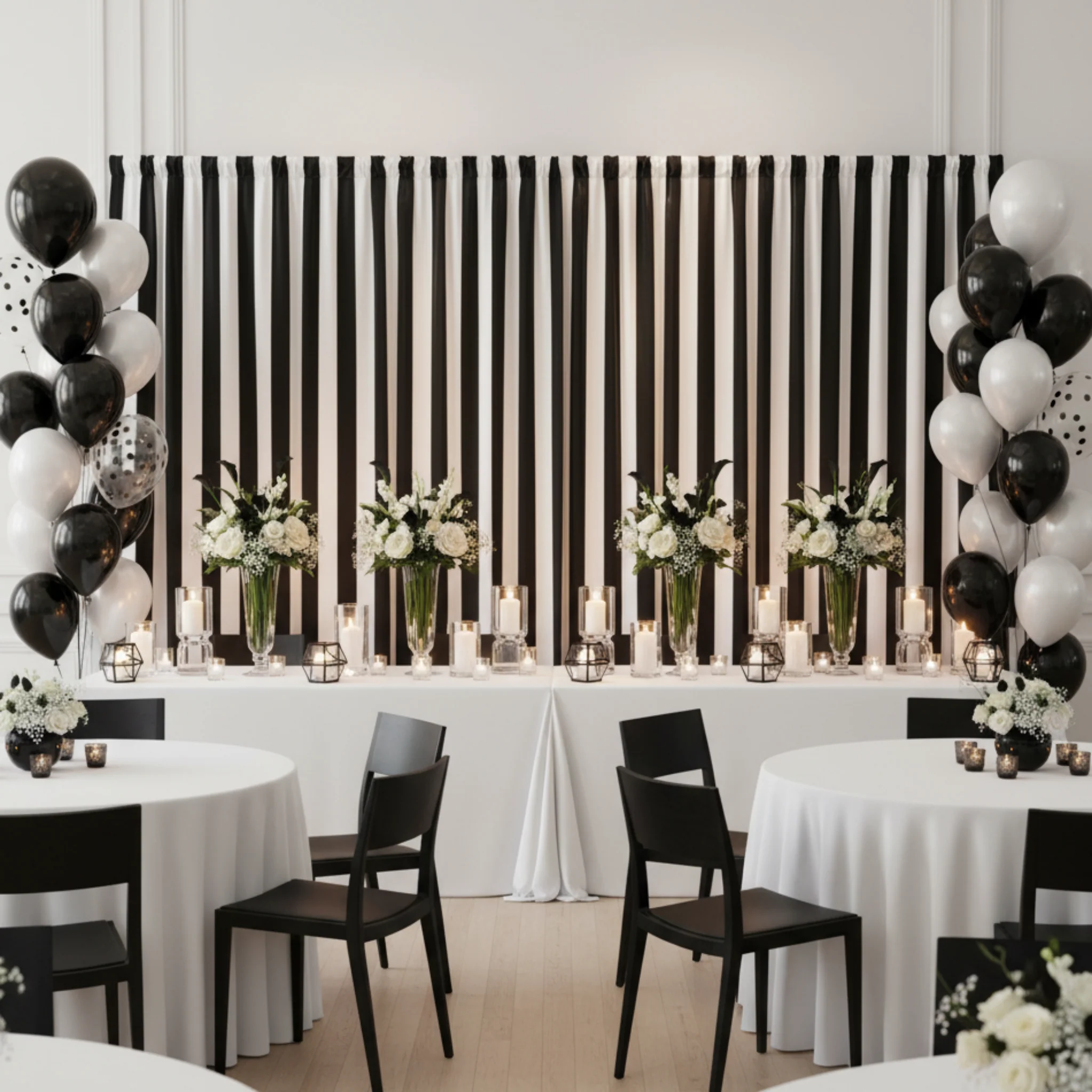 Stripe Satin 10ft H x 56"W Backdrop Panel/Drape - Black & White - Image 4