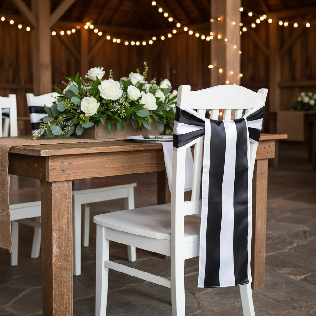 Stripe Satin Chair Sash - Black & White
