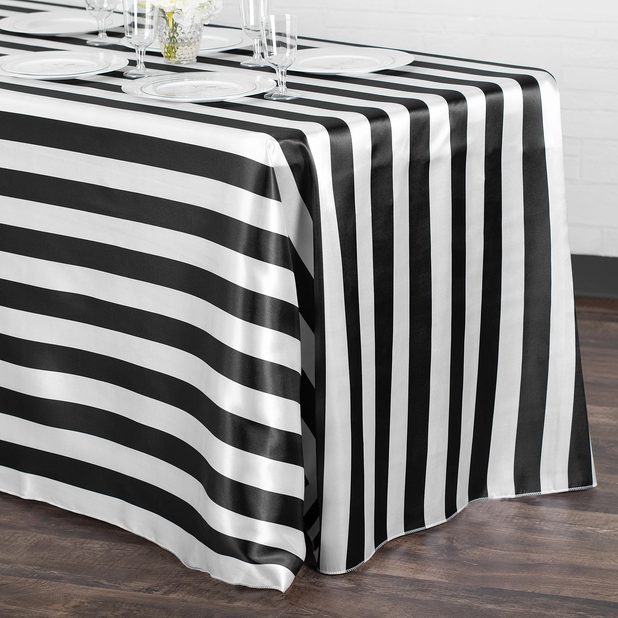 Stripe Satin Rectangular Tablecloth 90"x132" - Black & White - Image 2