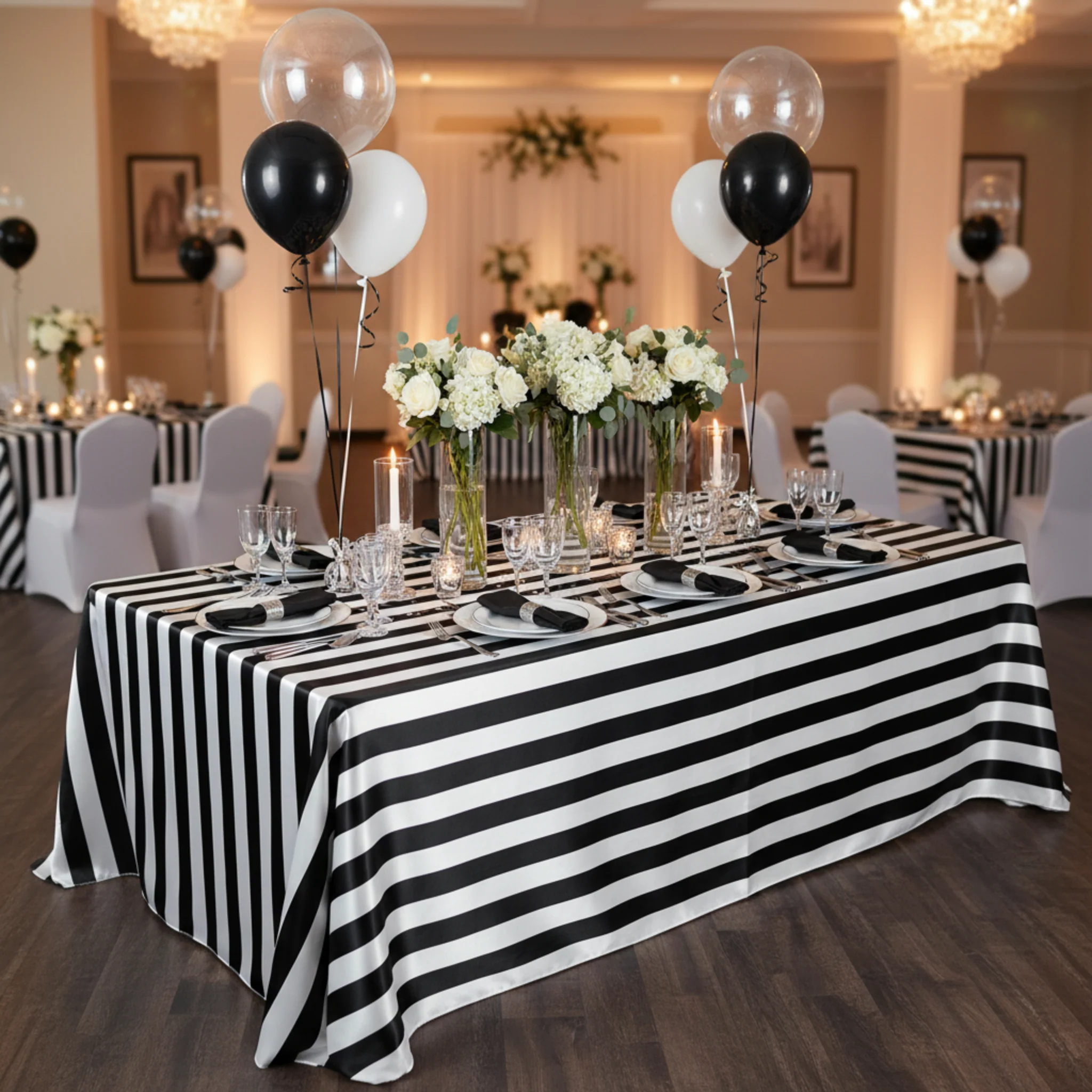 Stripe Satin Rectangular Tablecloth 90"x132" - Black & White - Image 4