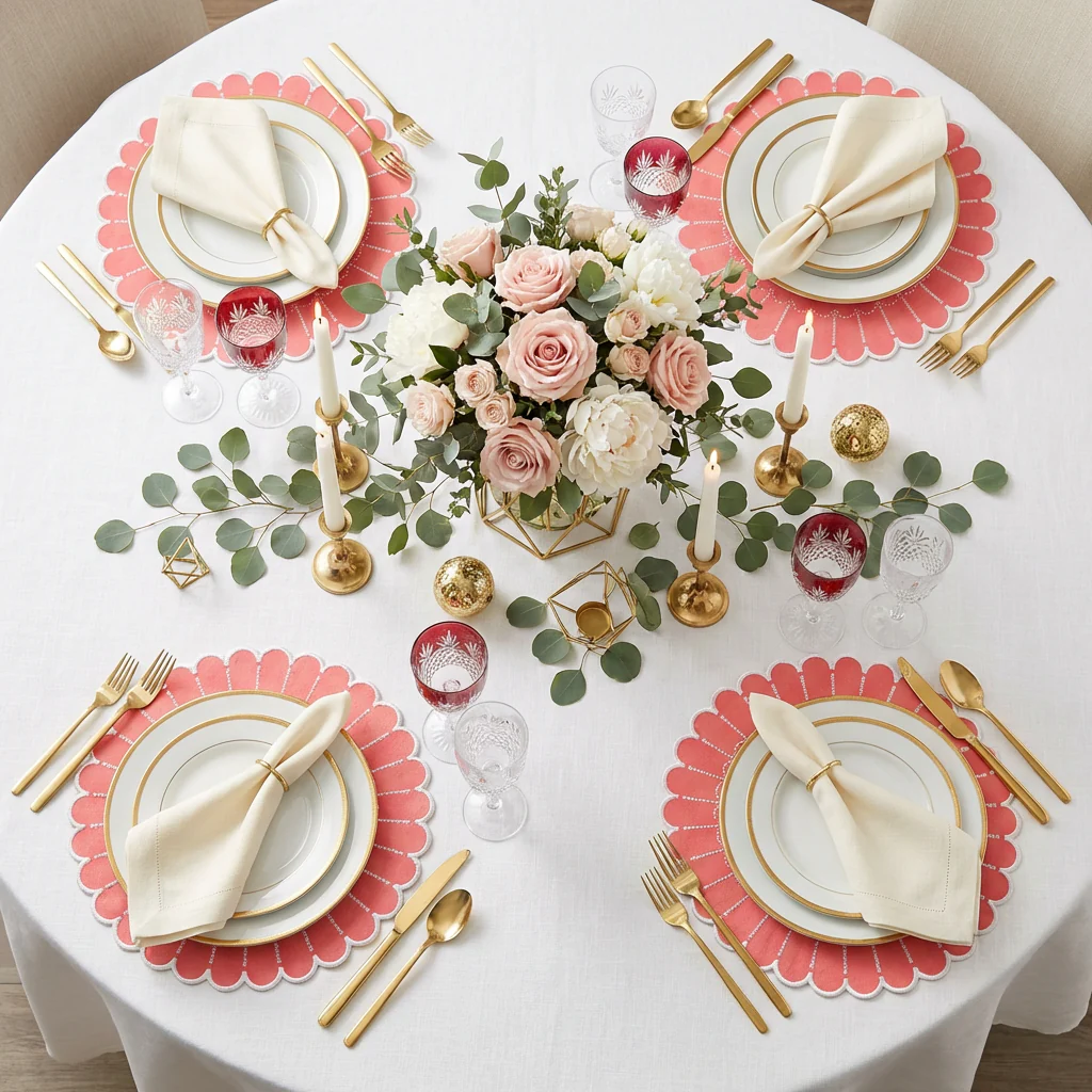 4pc/set Sunburst Edge Placemats - Coral/White Trim - Image 10