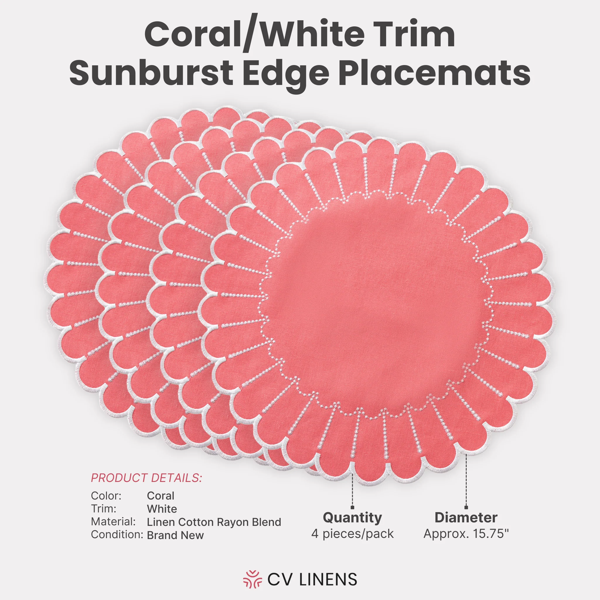 4pc/set Sunburst Edge Placemats - Coral/White Trim - Image 4