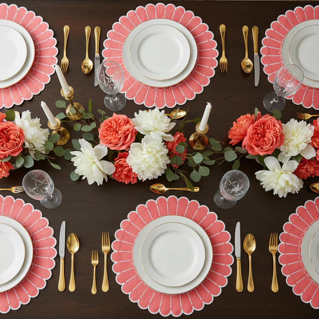 4pc/set Sunburst Edge Placemats - Coral/White Trim - Image 6