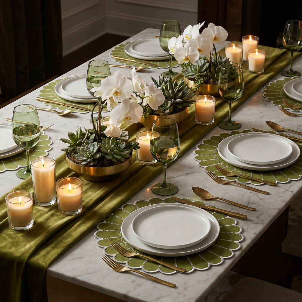 4pc/set Sunburst Edge Placemats - Olive Green/White Trim - Image 2