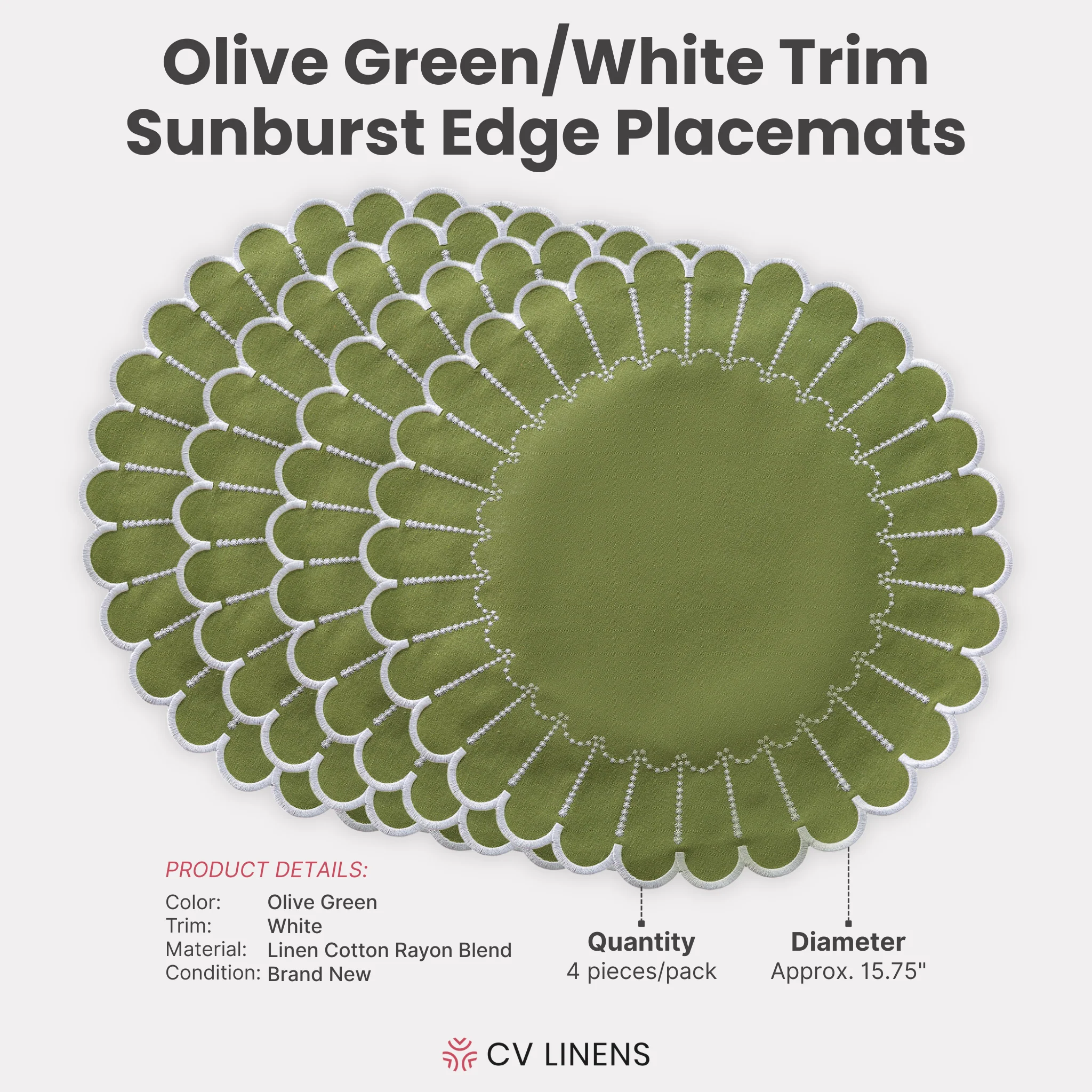 4pc/set Sunburst Edge Placemats - Olive Green/White Trim - Image 4