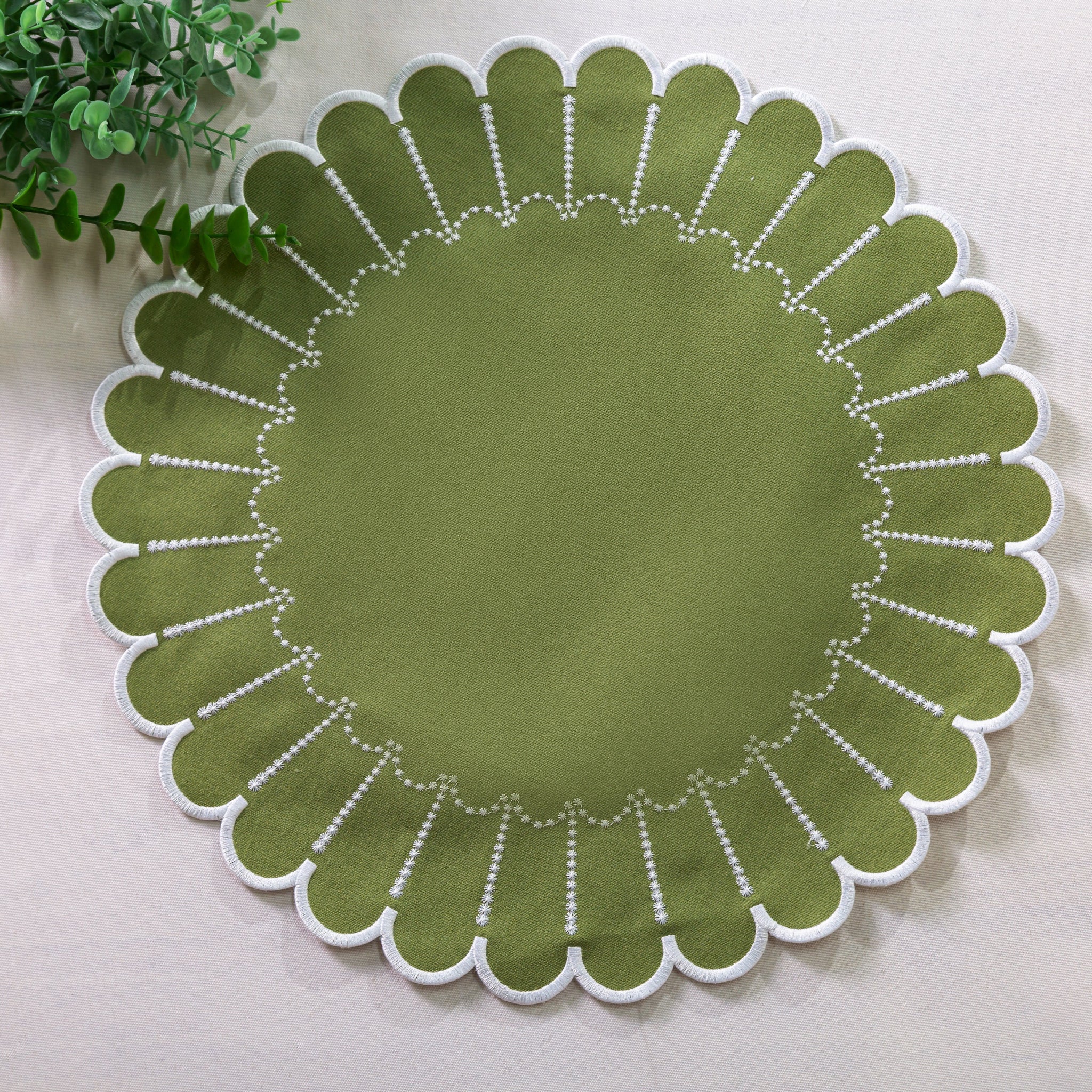 4pc/set Sunburst Edge Placemats - Olive Green/White Trim - Image 7
