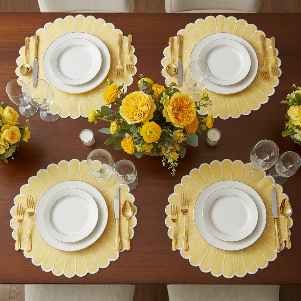 4pc/set Sunburst Edge Placemats - Pastel Yellow/White Trim - Image 2
