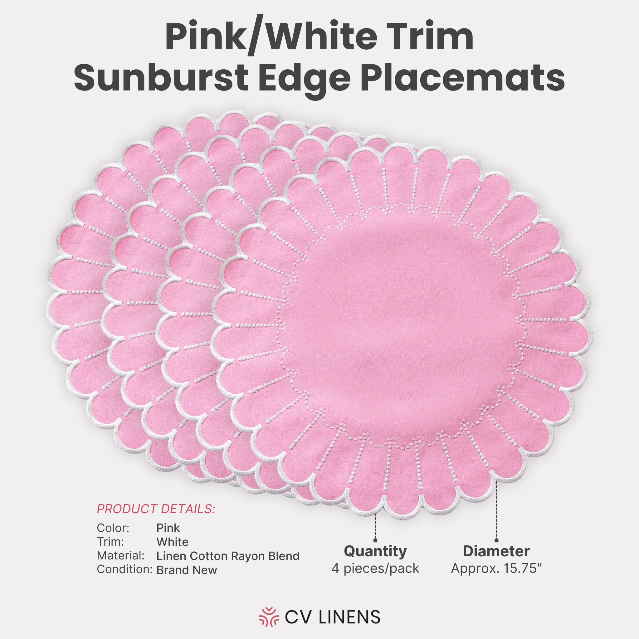 4pc/set Sunburst Edge Placemats - Pink/White Trim - Image 4