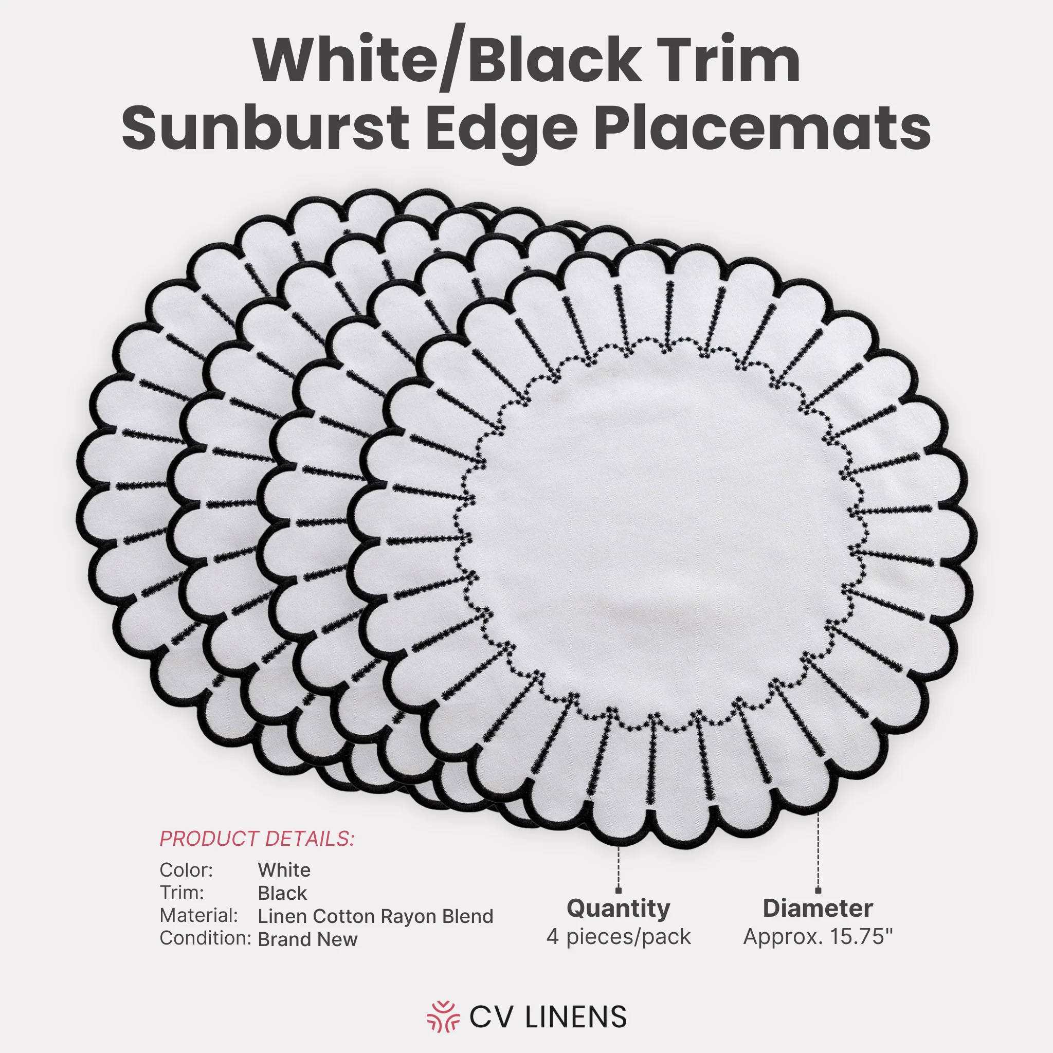 4pc/set Sunburst Edge Placemats - White/Black Trim - Image 4
