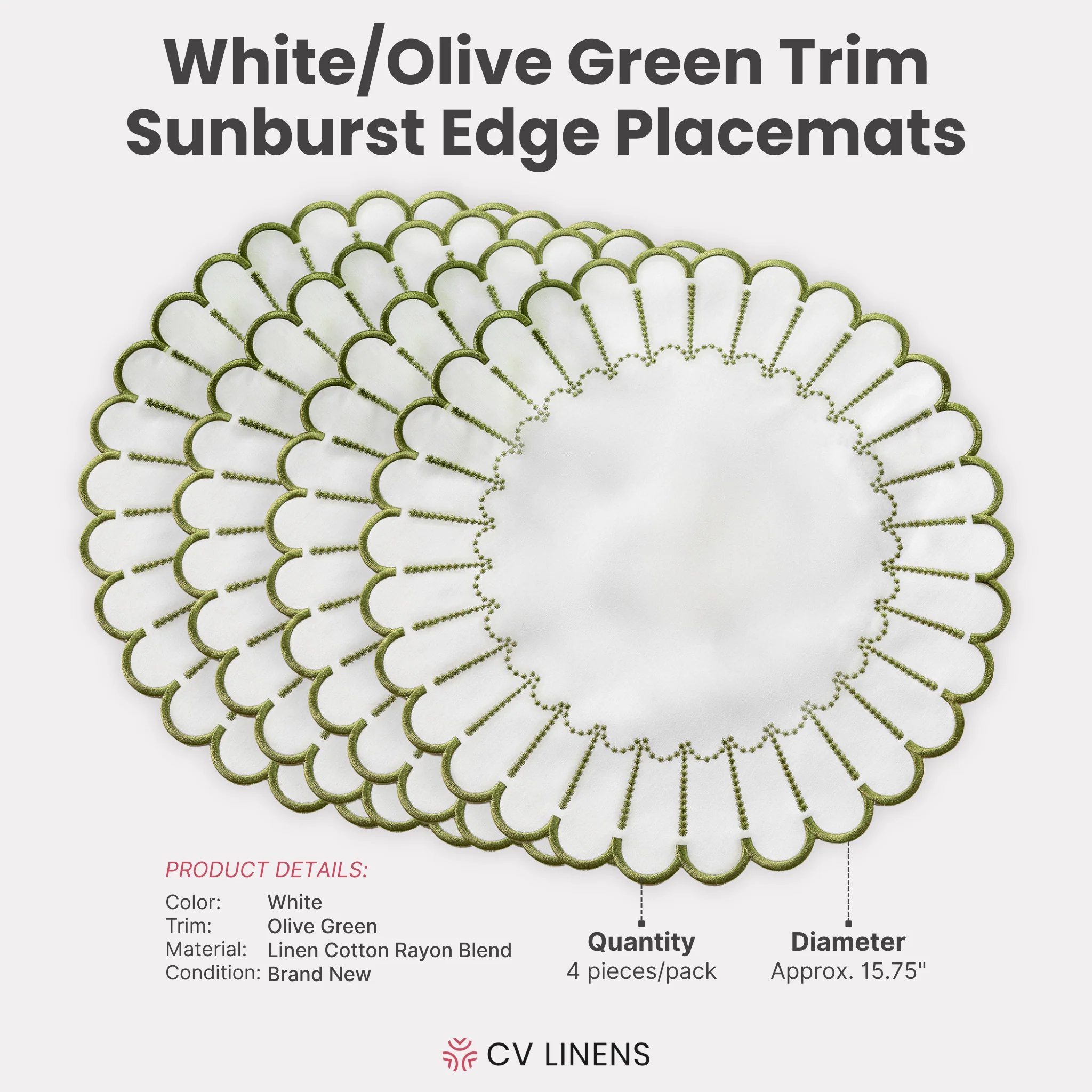 4pc/set Sunburst Edge Placemats - White/Olive Green Trim - Image 4