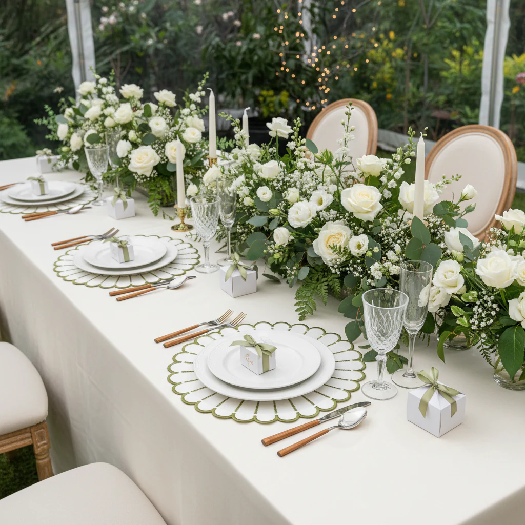 4pc/set Sunburst Edge Placemats - White/Olive Green Trim - Image 5