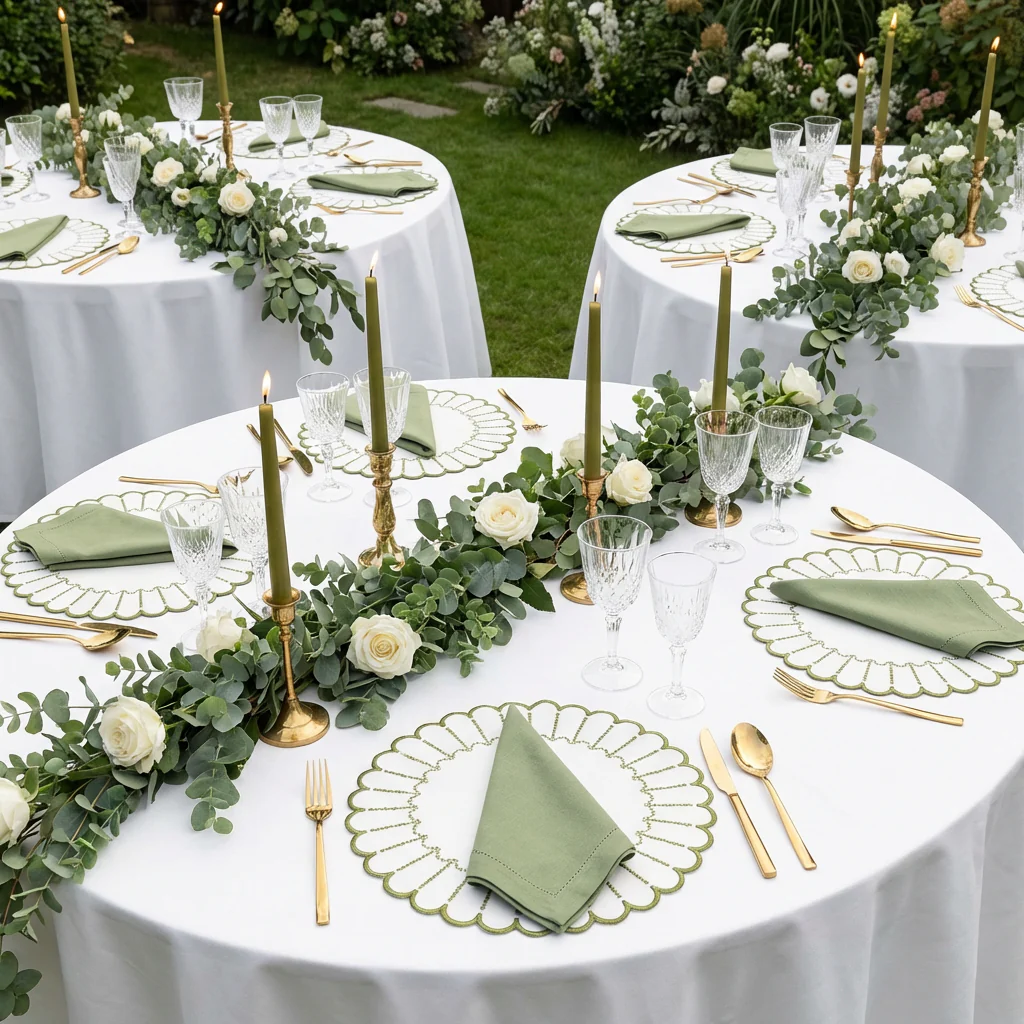 4pc/set Sunburst Edge Placemats - White/Olive Green Trim - Image 9
