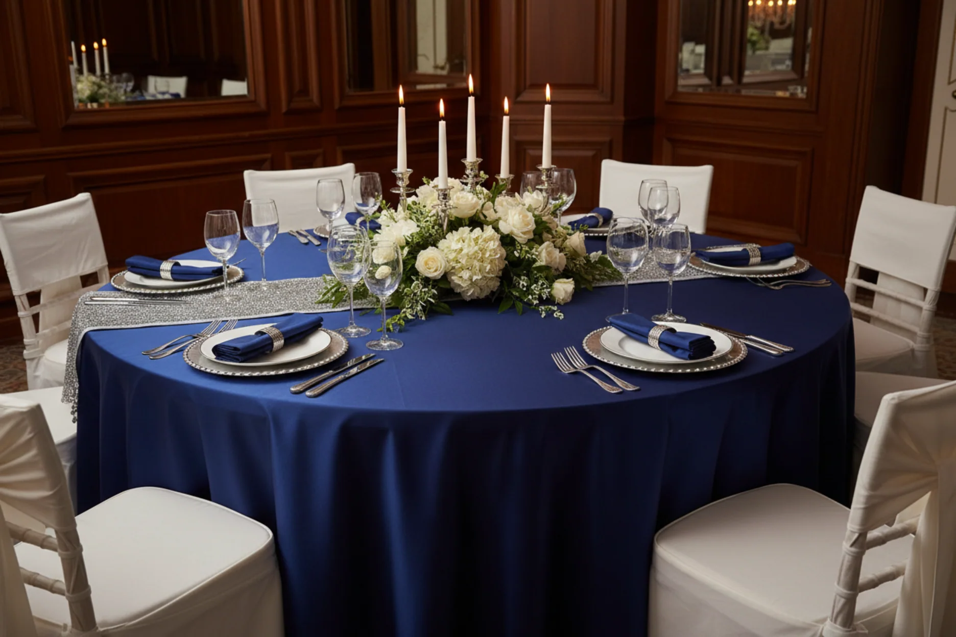 Taffeta Tablecloth 120" Round - Navy Blue - Image 5