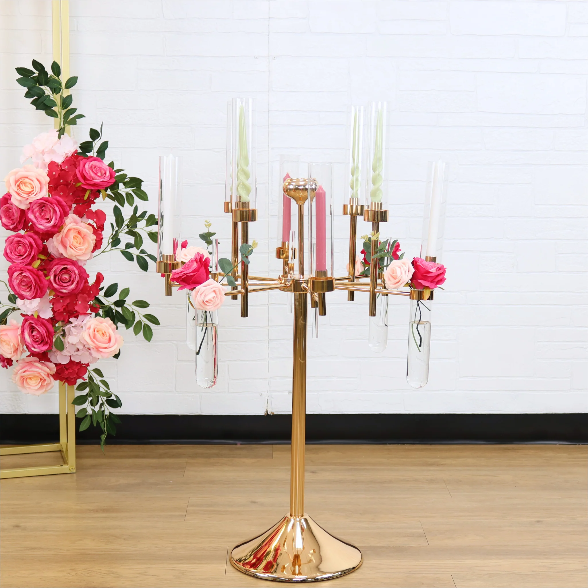 Tall Candelabra with Tube Vase Centerpiece Stand - Gold - Image 2