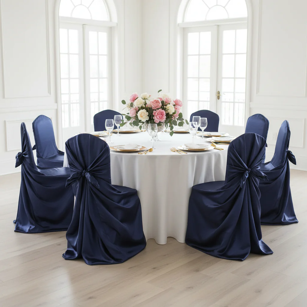 Universal Satin Self Tie Chair Cover - Navy Blue - Image 4