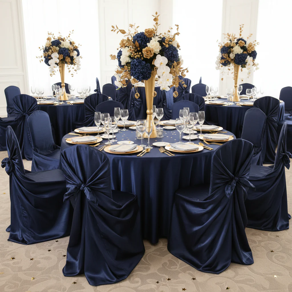 Universal Satin Self Tie Chair Cover - Navy Blue - Image 5