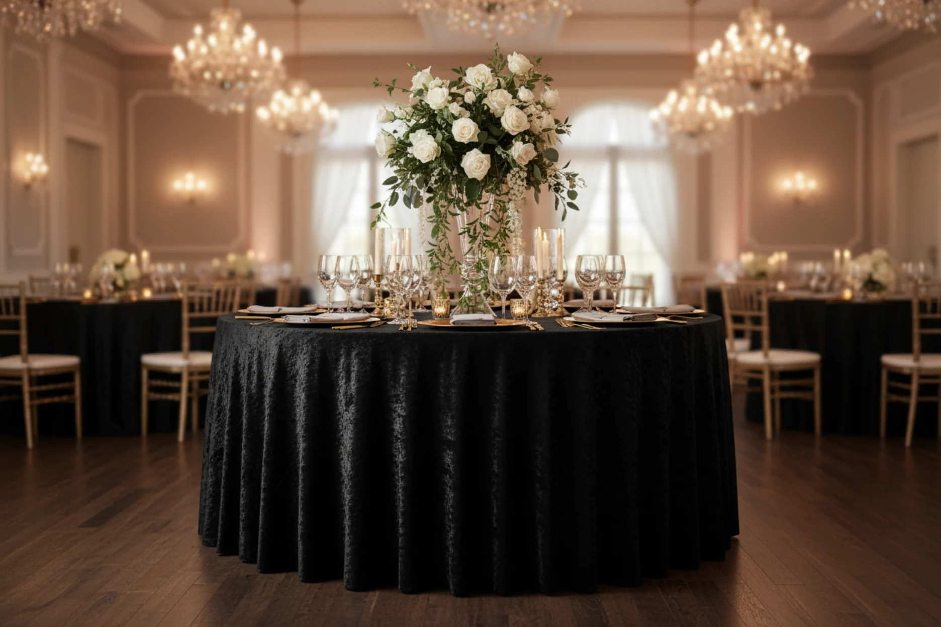 Velvet 108" Round Tablecloth - Black - Image 4