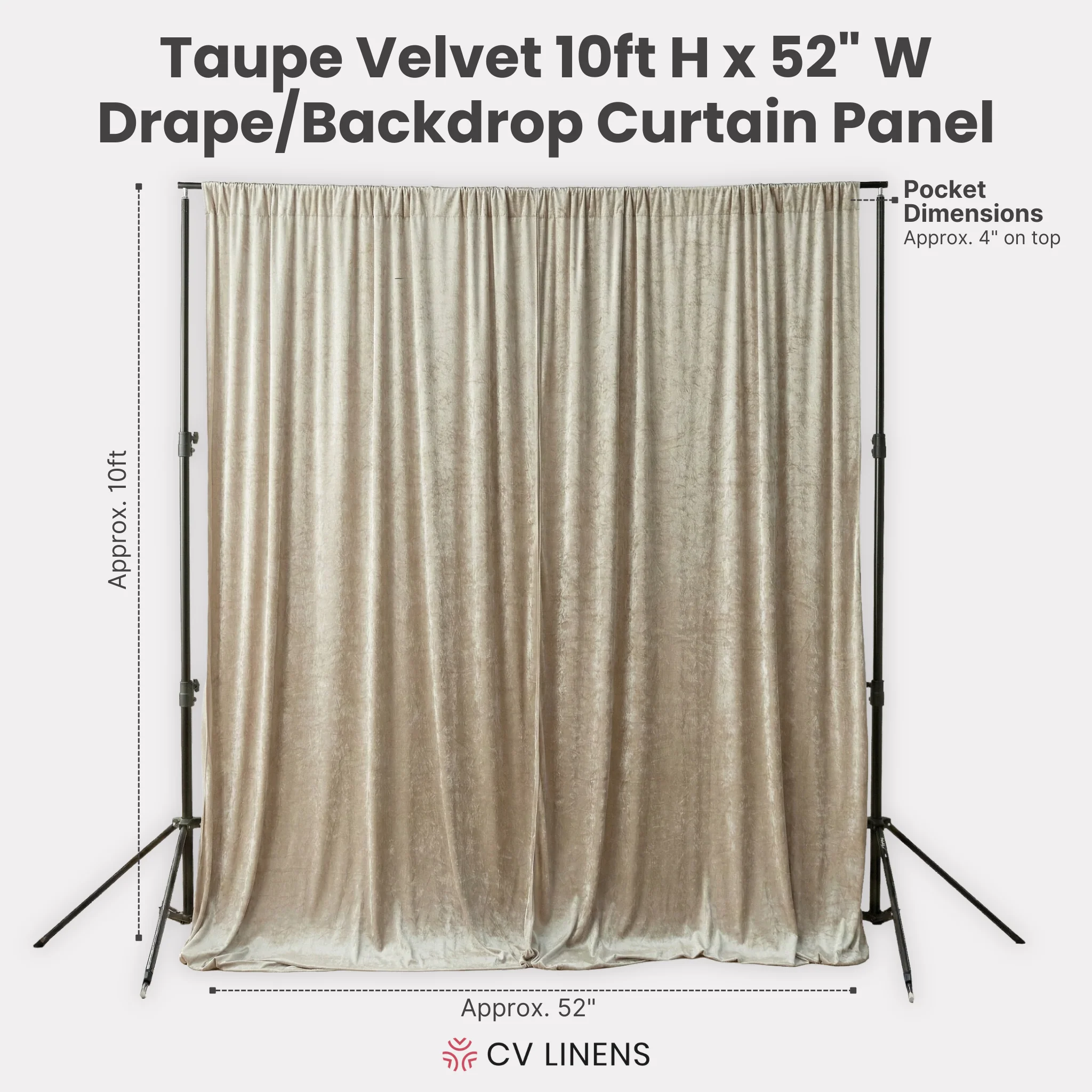 Velvet 10ft H x 52" W Drape/Backdrop Curtain Panel - Taupe - Image 4
