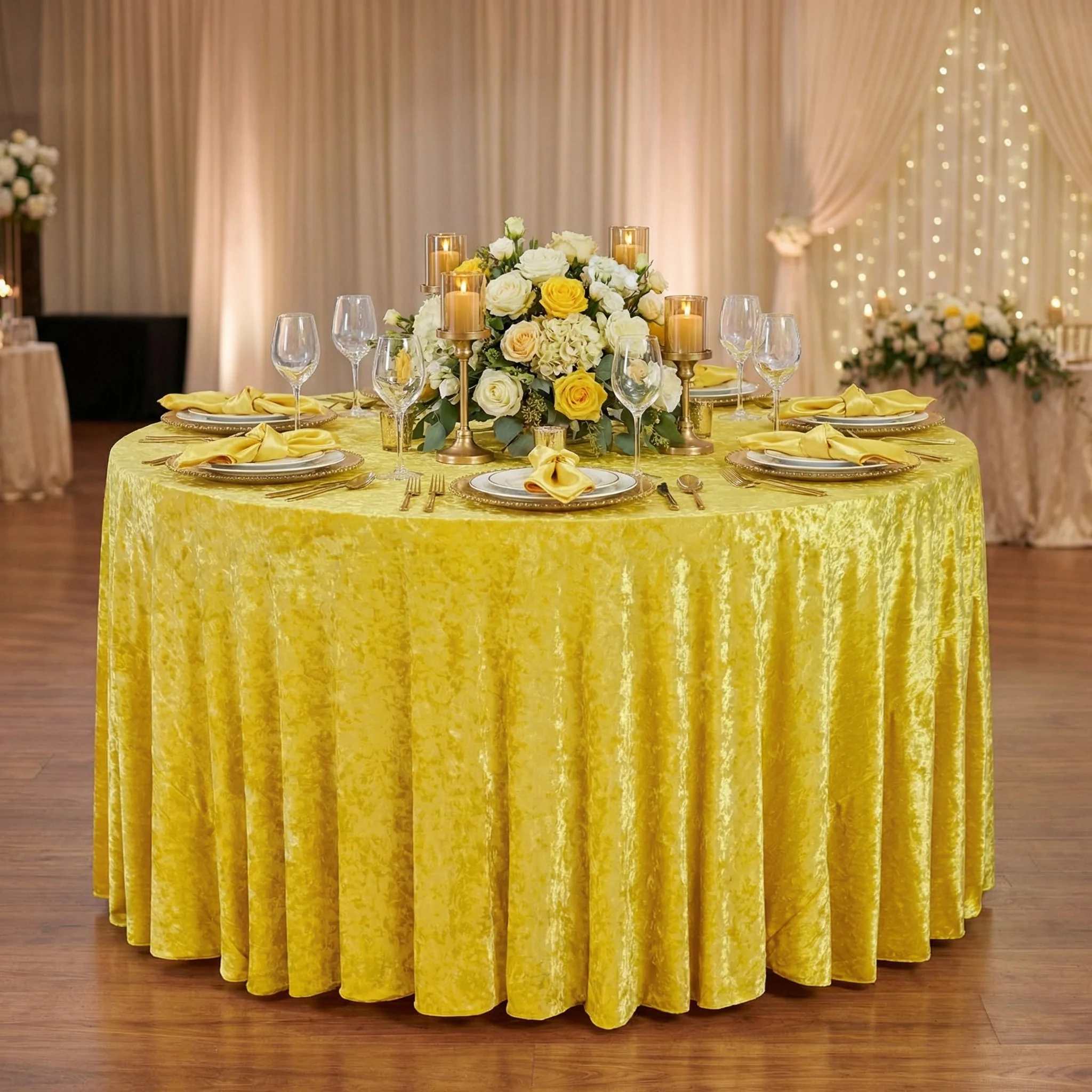 Velvet 120" Round Tablecloth - Canary Yellow - Image 2