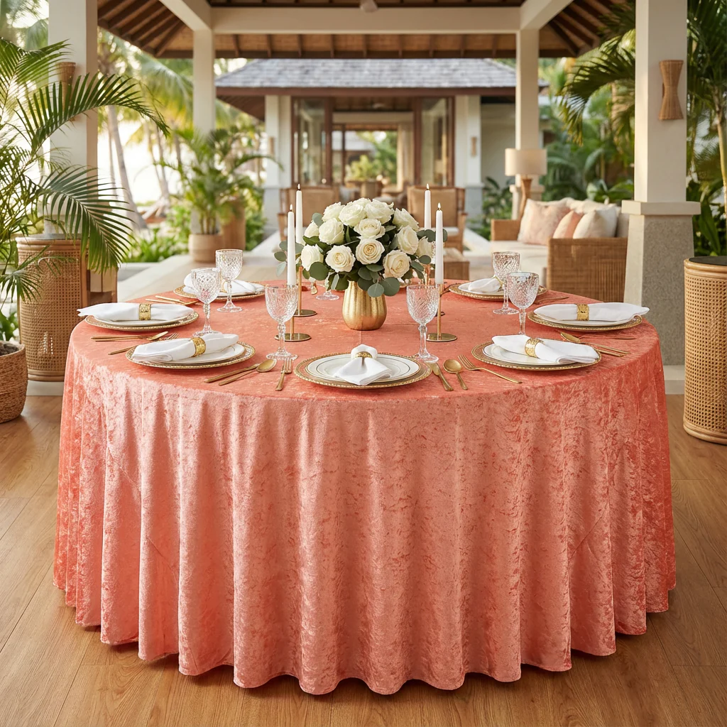 Velvet 120" Round Tablecloth - Coral - Image 2