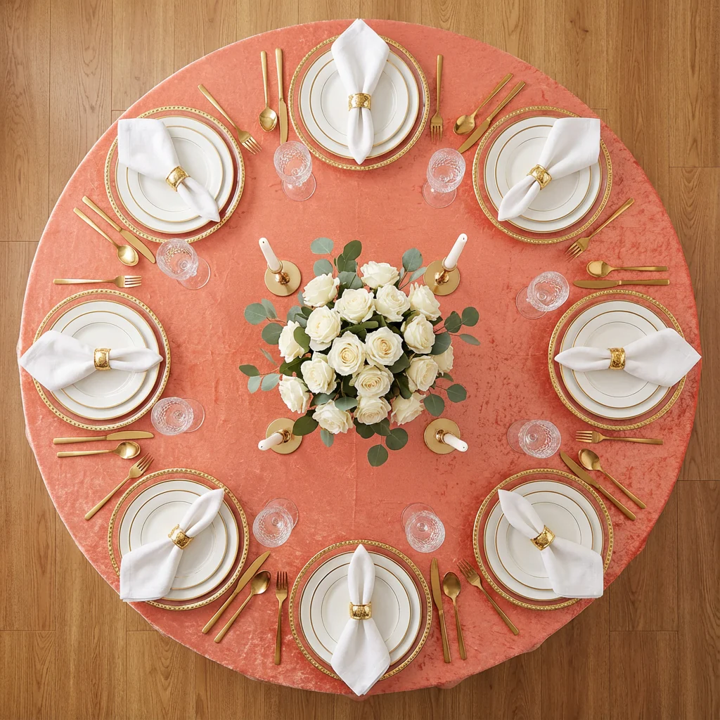 Velvet 120" Round Tablecloth - Coral - Image 3