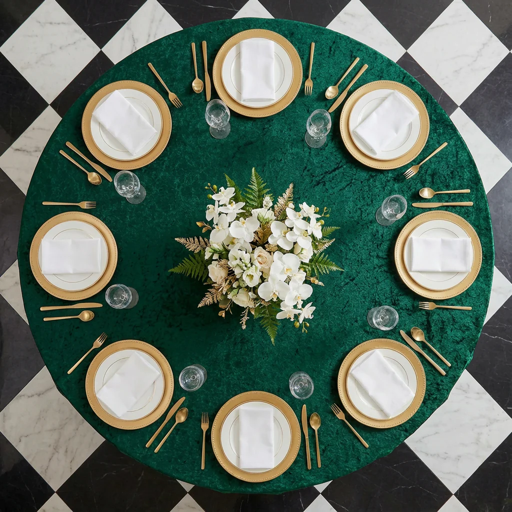 Velvet 120" Round Tablecloth - Emerald Green - Image 3