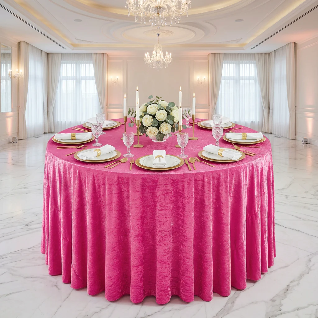 Velvet 120" Round Tablecloth - Fuchsia - Image 2