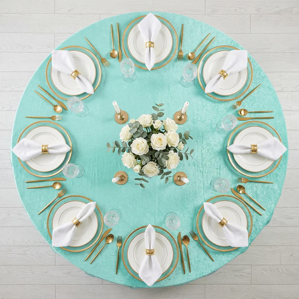 Velvet 120" Round Tablecloth - Light Turquoise - Image 3