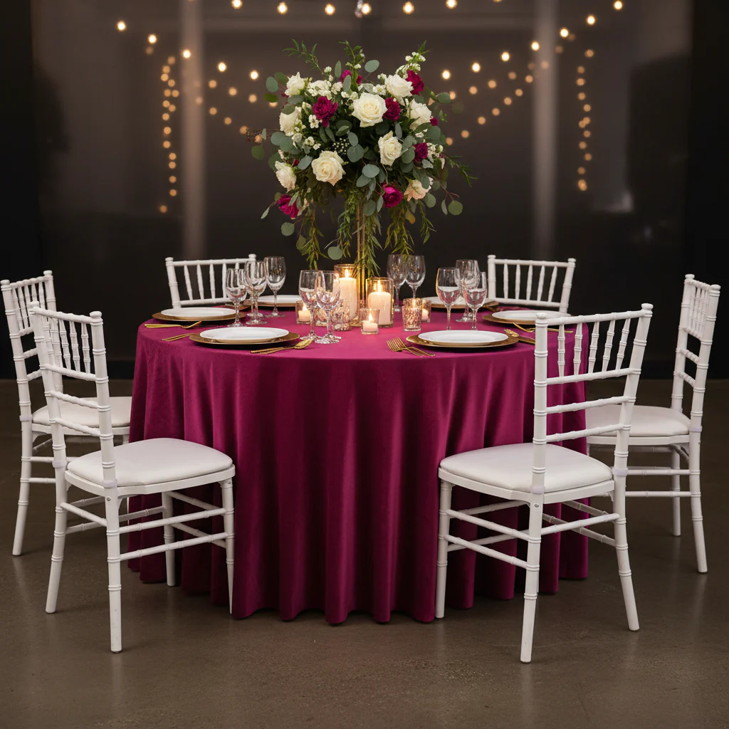 Velvet 120" Round Tablecloth - Magenta - Image 3