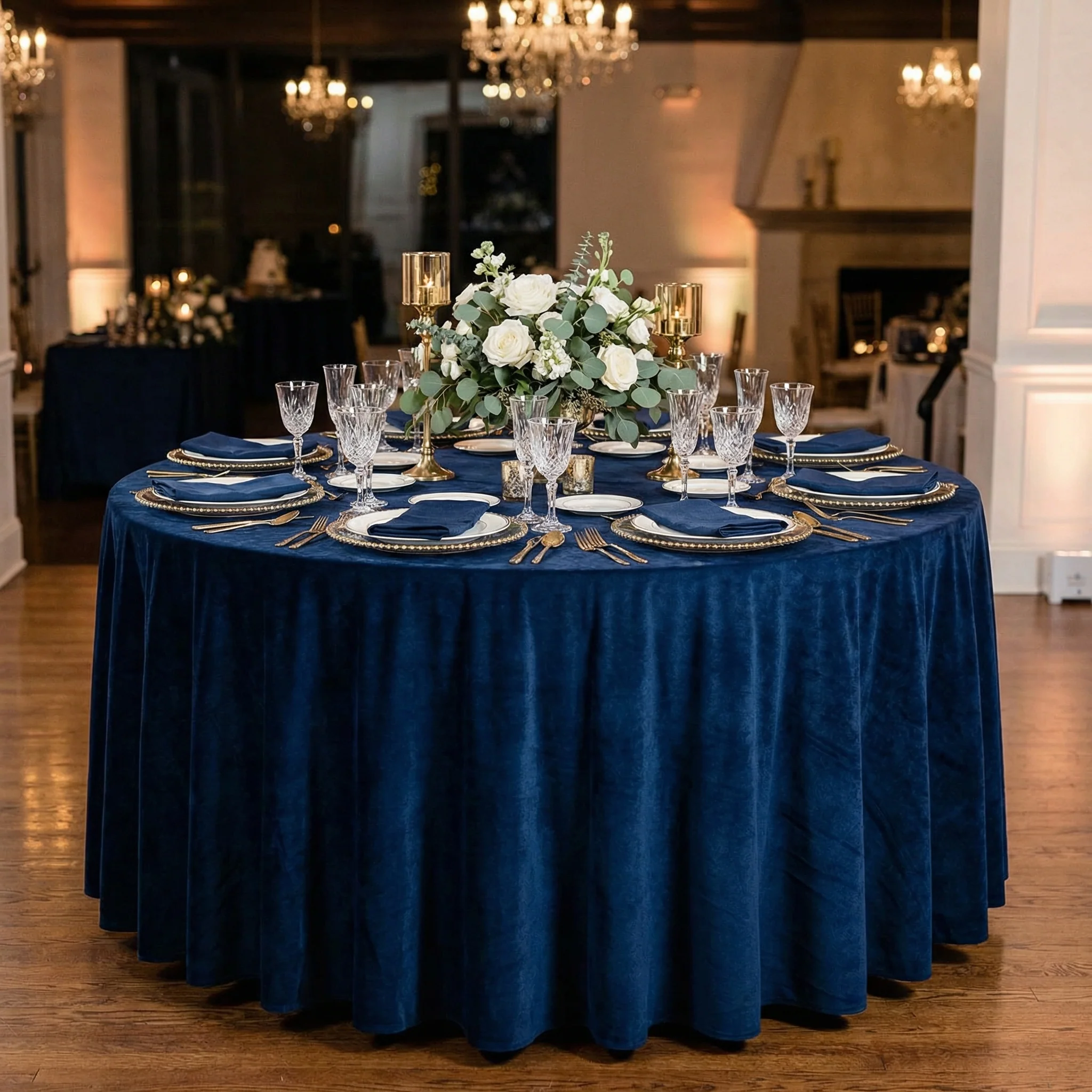 Velvet 120" Round Tablecloth - Navy Blue - Image 2