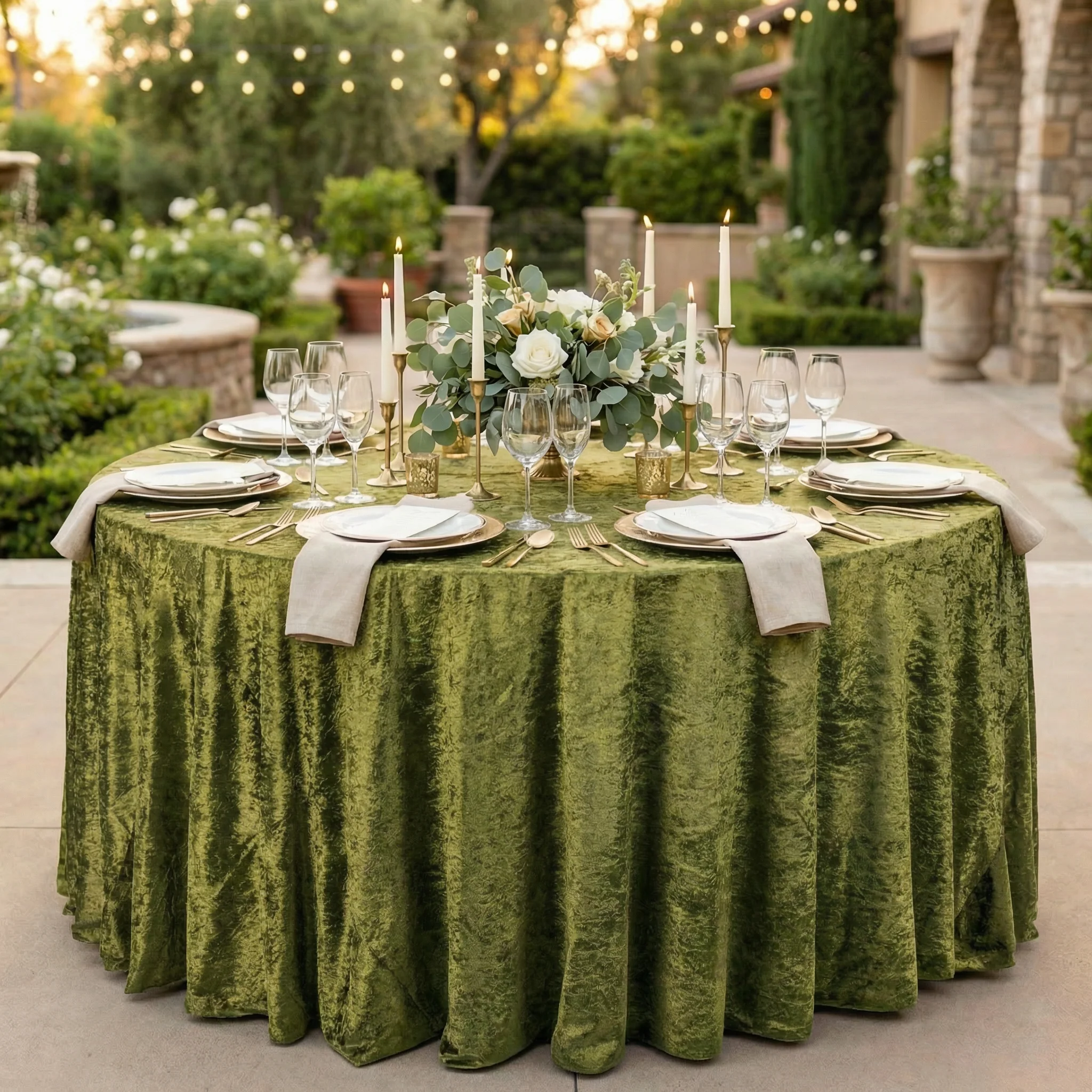 Velvet 120" Round Tablecloth - Olive Green - Image 2
