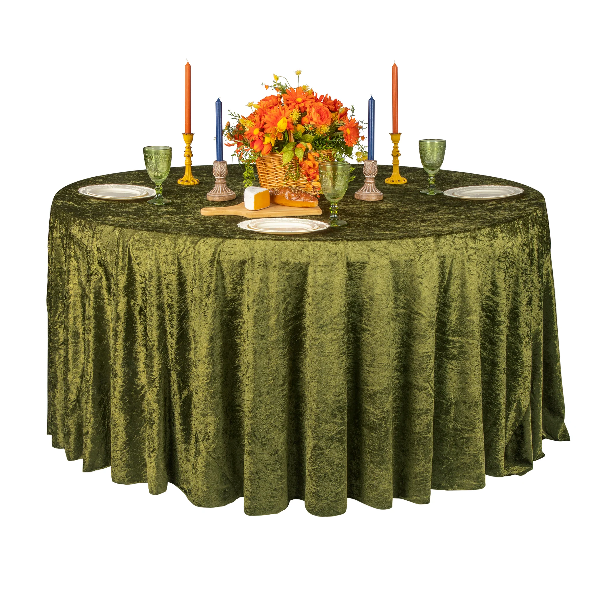 Velvet 120" Round Tablecloth - Olive Green - Image 7