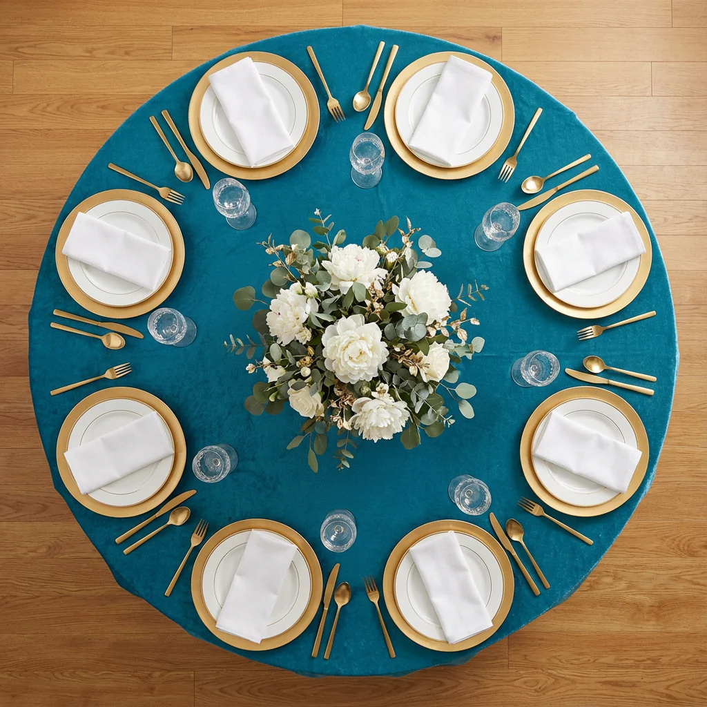 Velvet 120" Round Tablecloth - Peacock Teal - Image 3