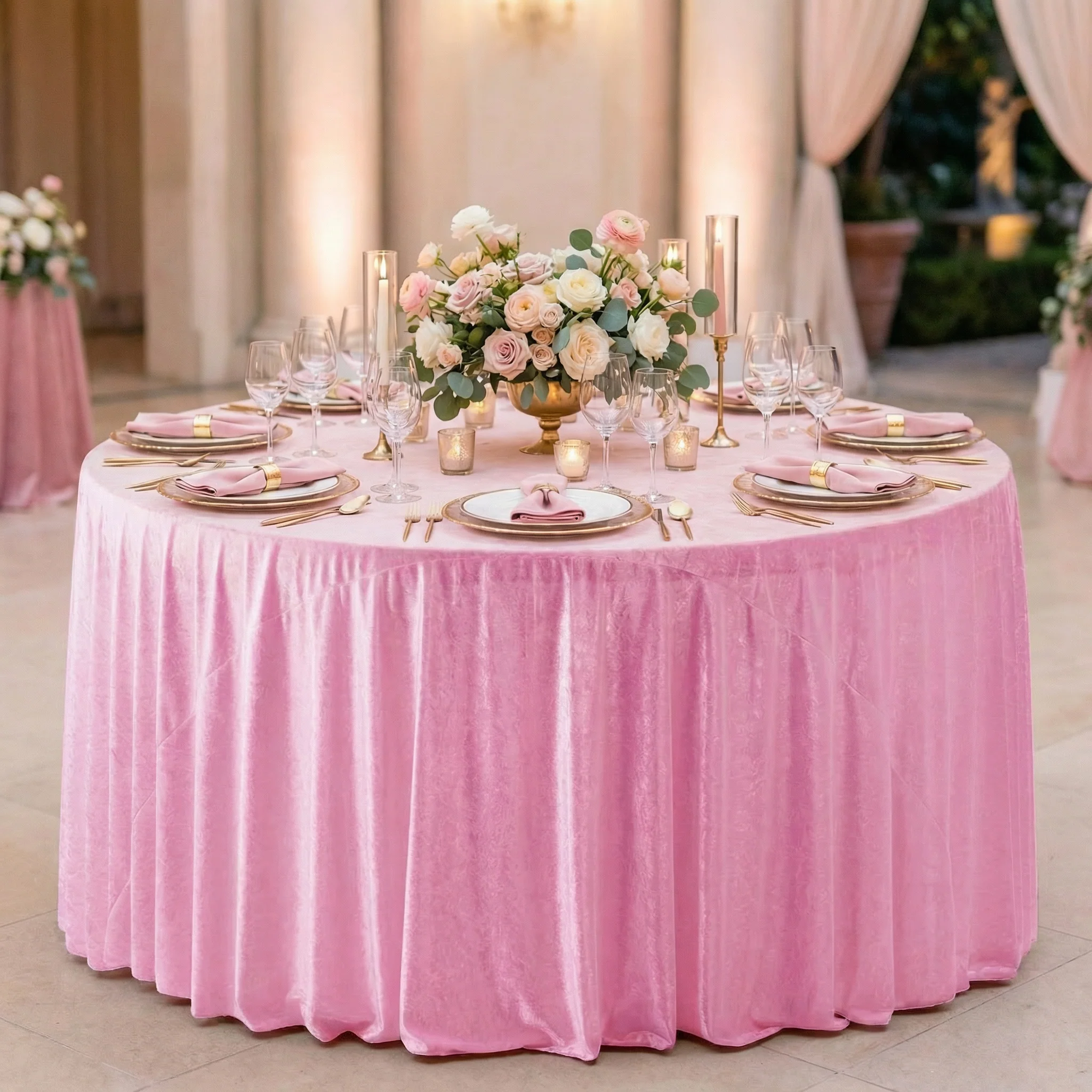 Velvet 120" Round Tablecloth - Pink - Image 2