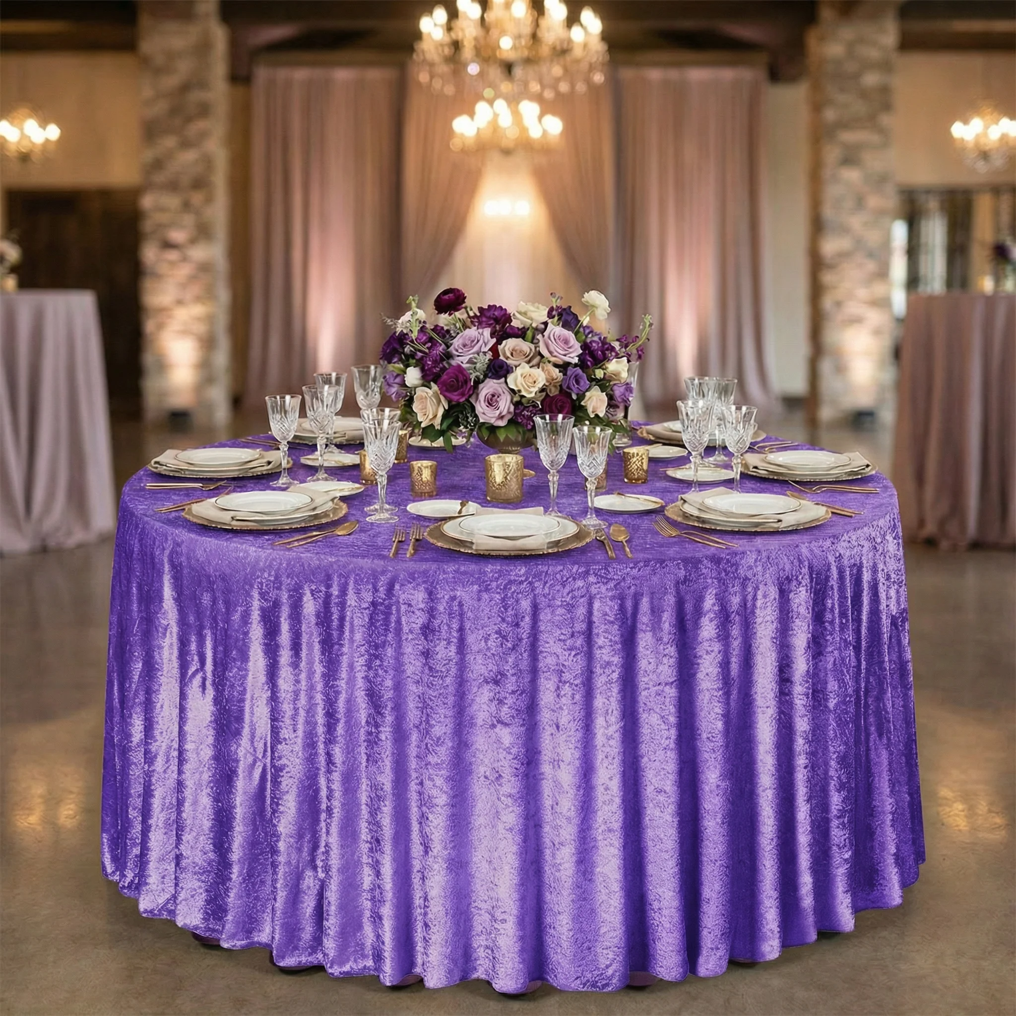 Velvet 120" Round Tablecloth - Purple - Image 2